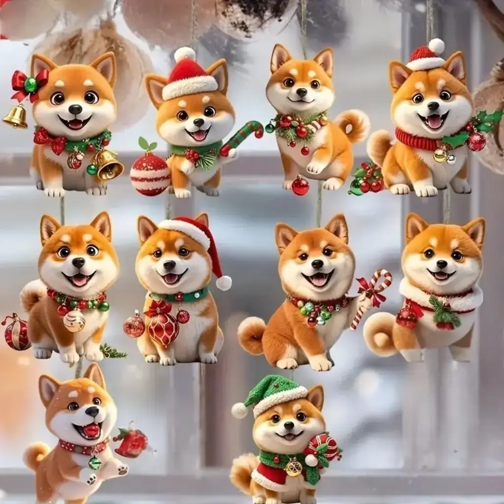 Shiba Inu Weihnachtsornamente aus Holz – 10-teiliges Deko-Set für den Weihnachtsbaum