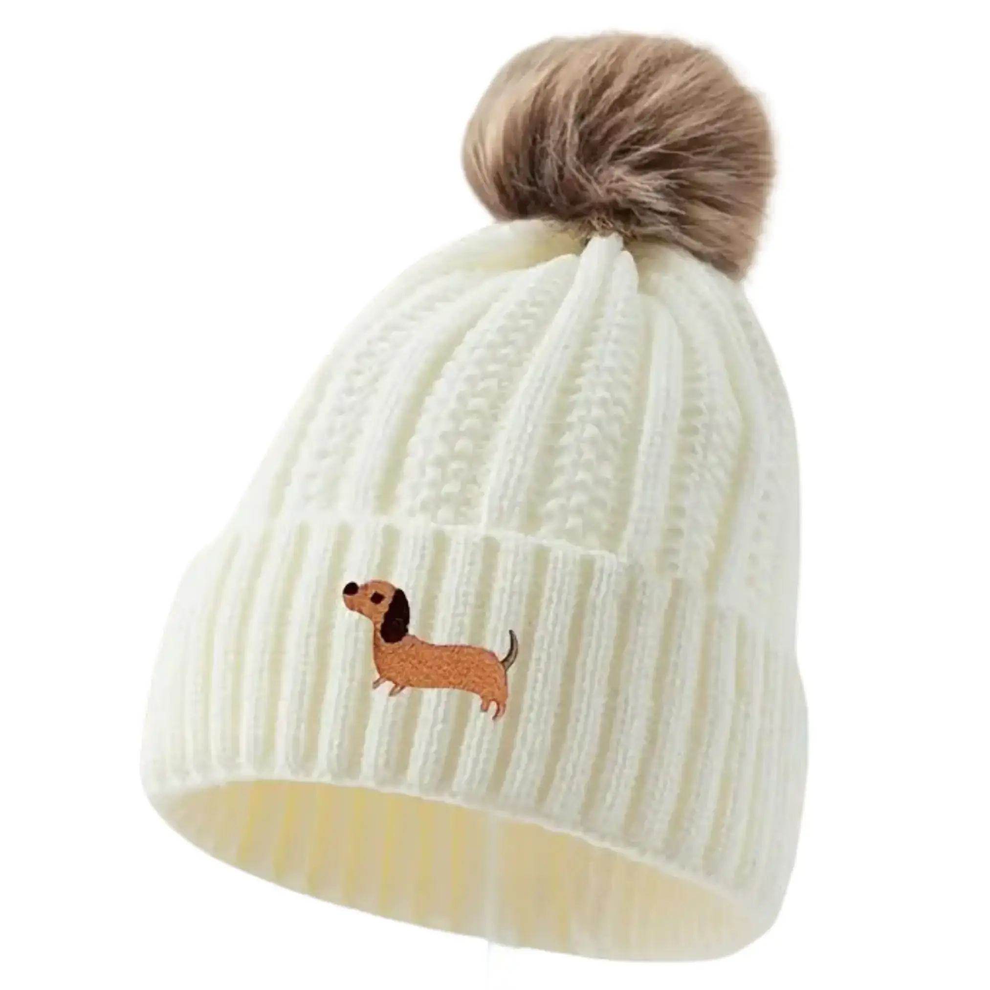 Dackel Wintermütze – Warme Damen Beanie mit elastischer Passform – Weiß