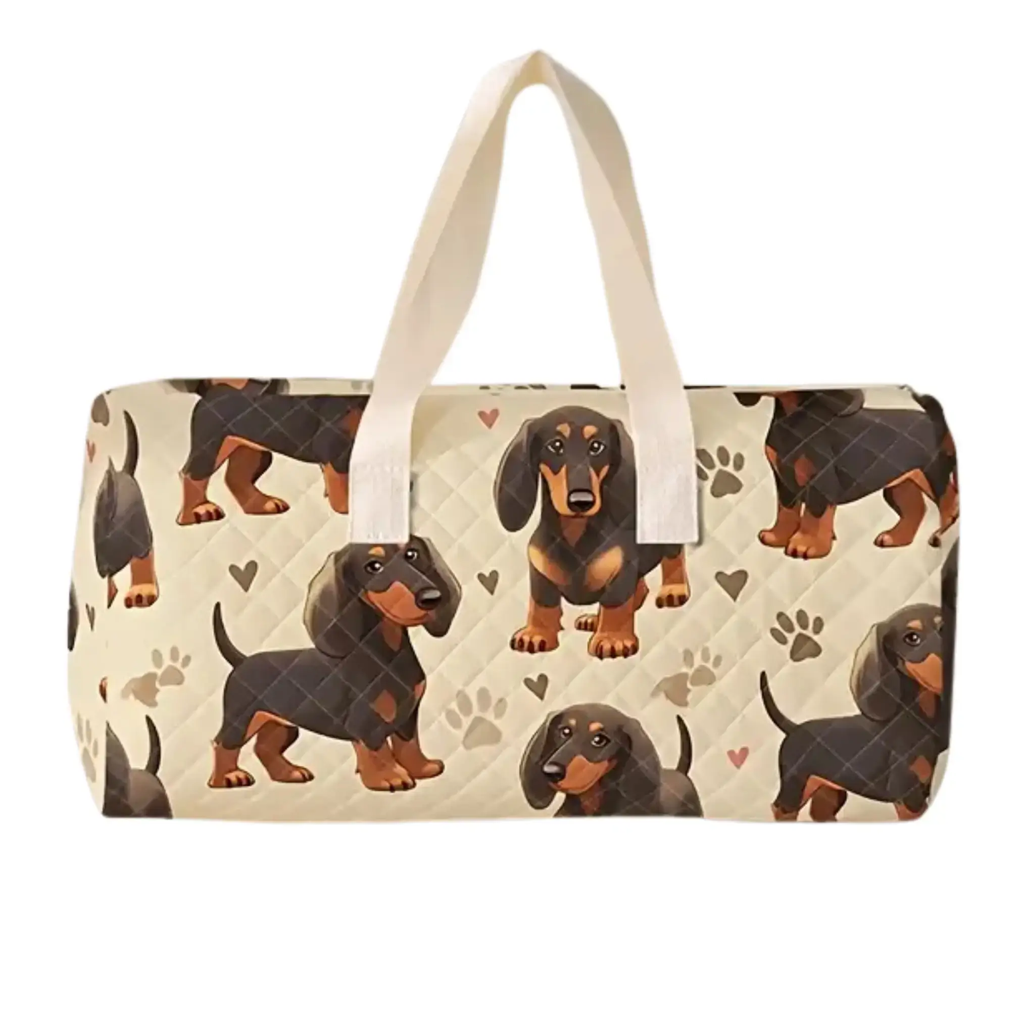 Dackel Reisetasche – Strapazierfähige Duffel Bag mit Pfoten- & Herzdesign – Weiß